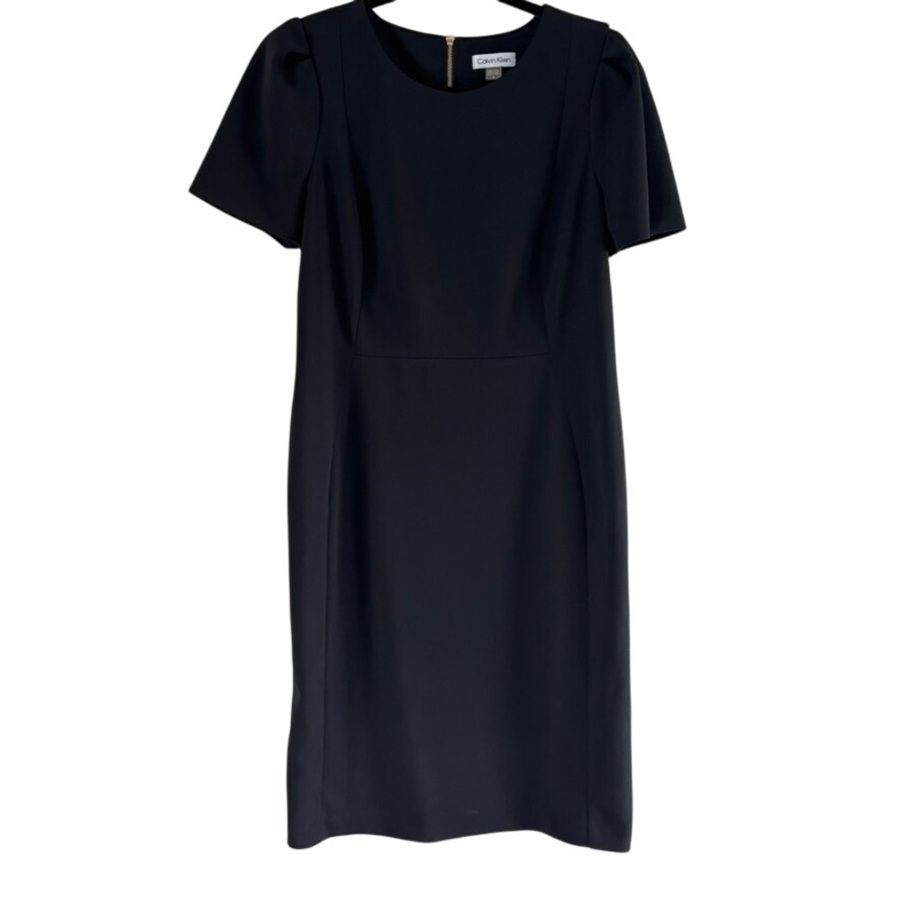 Calvin Klein Short Sleeve Princess Seamed Sheath Dress Sz 14 Black Gold Tone Zip